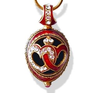 RED ENAMEL Sterling Silver Faberge Pendant Swarovski Crystal Gold-plate 24"Chain